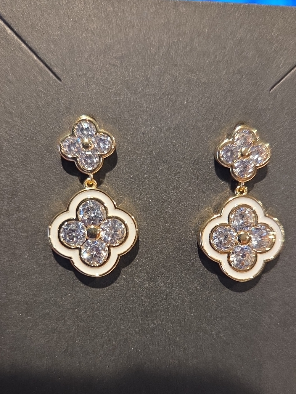 Gold and White Crystal Clover Drop Earrings - Women Jewelry